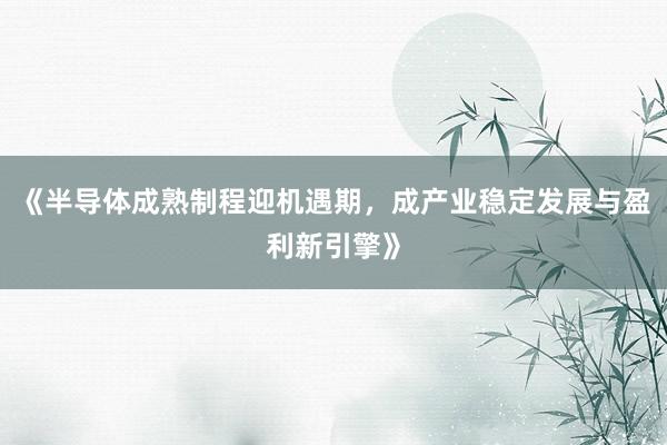 《半导体成熟制程迎机遇期，成产业稳定发展与盈利新引擎》